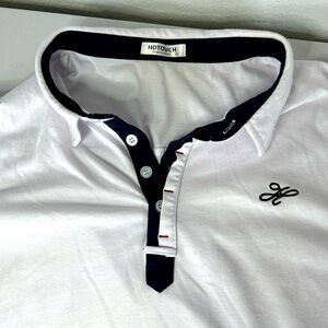 Men’s XL polo shirt 1/4 button short sleeve collared white navy blue Hotouch